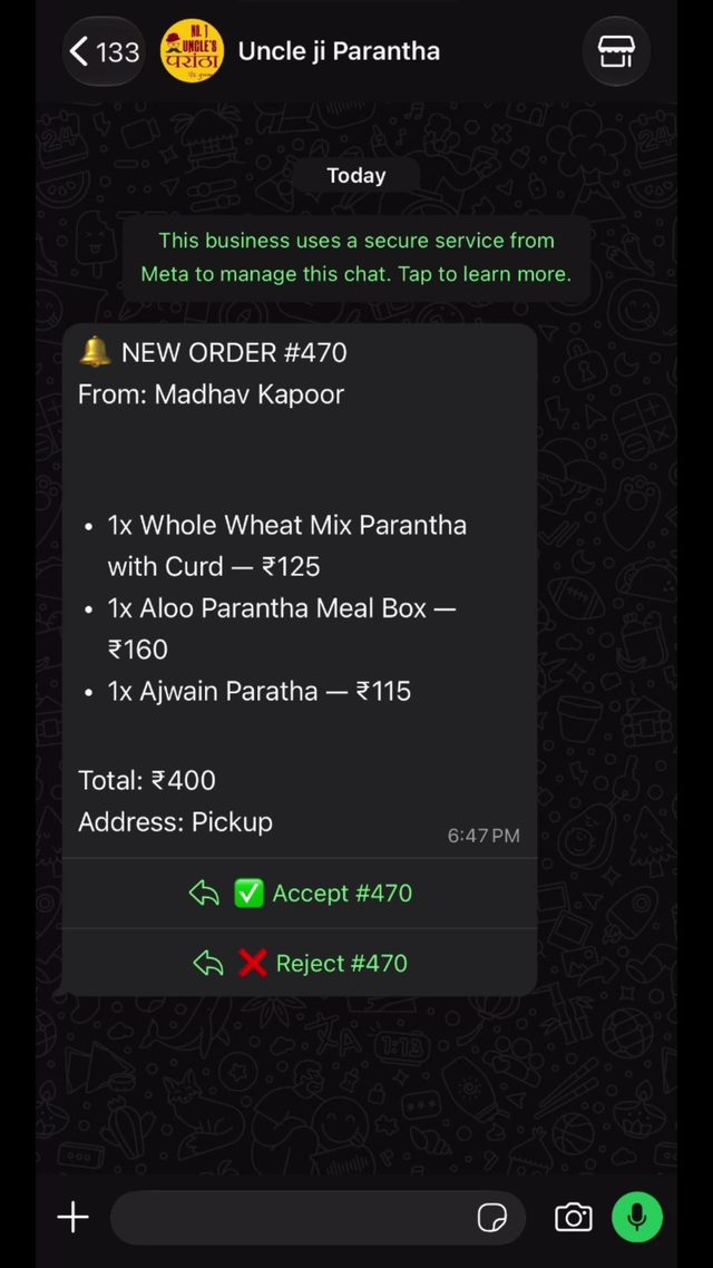 Owner's WhatsApp showing a new order with Accept and Reject buttons